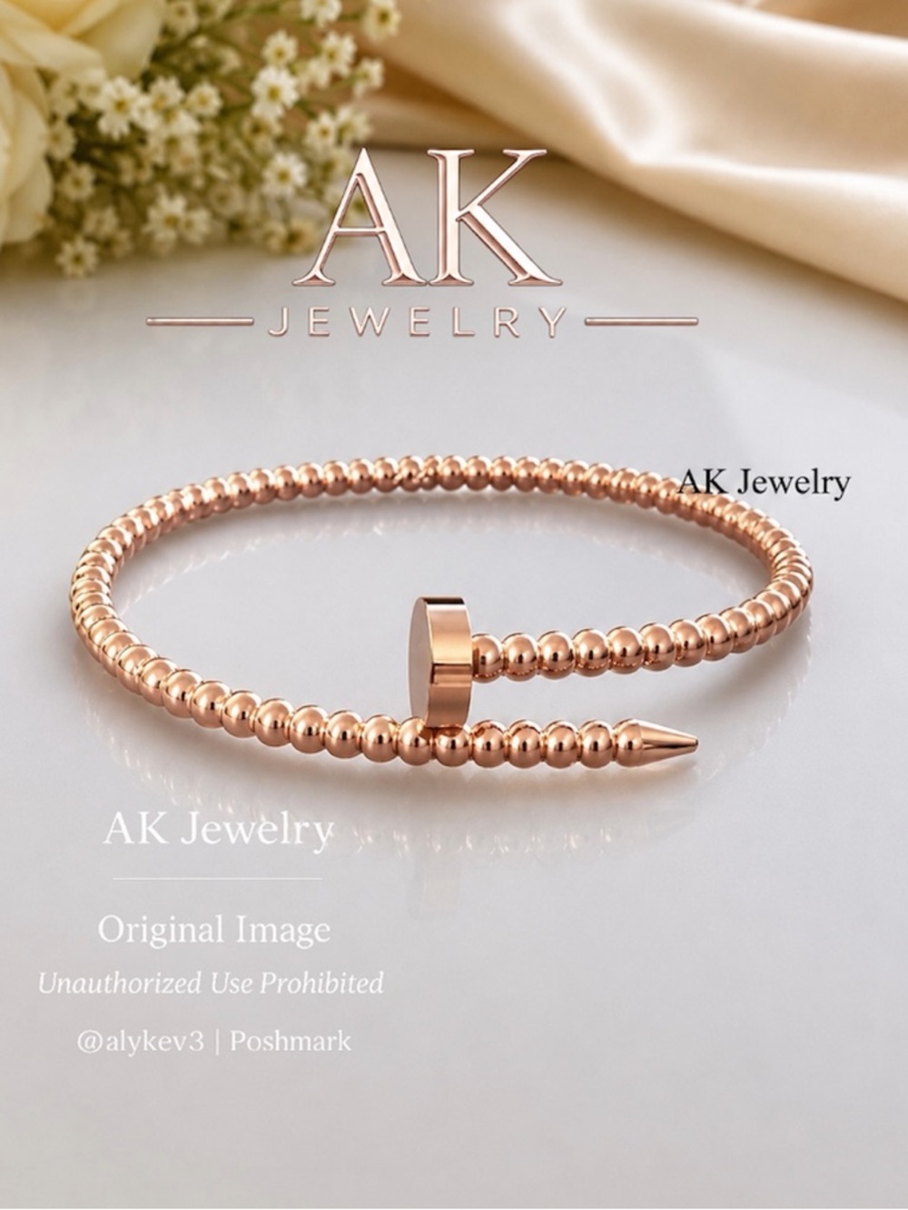 💎LUXURY High End Style Beaded Rose Gold Nail Bracelet Stackable Bangle GP